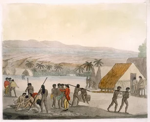 Îles Sandwich - un Occidental négociant des provisions, planche 92 de Le Costume Ancien et Moderne, par Jules Ferrario