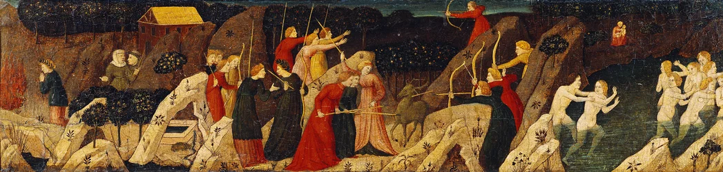 Scène de bataille avec arcs et flèches et la chasse