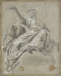 Figure féminine assise sur un nuage, regardant vers le haut