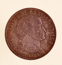 Pièce italienne en argent (écu) du royaume de Sardaigne : règne de Vittorio Emanuele I (Victor Emmanuel I) (1759-1824). 1821. Diam. 3,8 cm Naples, musée archéologique