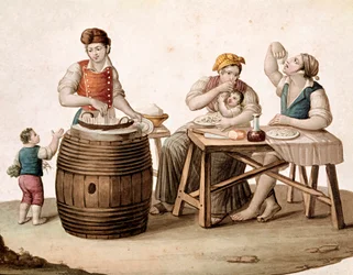 Petit métier napolitain : un vendeur de macaronis, à côté de lui une famille à table mangeant avec les mains - (Ancien métier : vendeur de macaronis et clients mangeant des pâtes italiennes). XIXe siècle. Museo Nazionale di San Martino, Naples