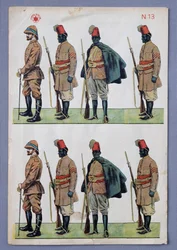 Soldats en uniformes Ascari, soldats en papier découpé, lithographie dorée, réalisée par Stella, Italie, XXe siècle
