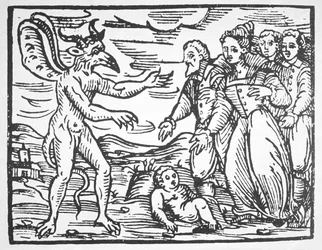 Sorcier présentant un enfant au diable, du Compendium Maleticarum par Fr M Guaccius (1608) illustré dans une histoire de la magie publiée à la fin du 19e siècle