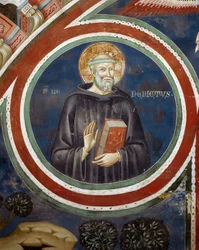 Saint Benoît, fresque du Second Collaborateur par Consolo ou Magister Consolus, église inférieure du Monastère de la Grotte Sacrée, Subiaco, Italie