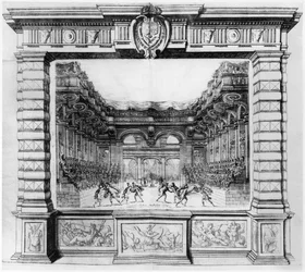 Décor de scène par Giacomo Torelli (1608-78) pour la Finta Pazza joué en 1645 au Théâtre Petit Bourbon à Paris, 1654