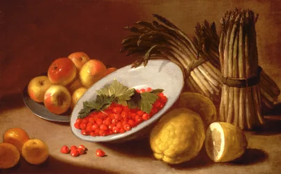 Nature morte de framboises, citrons et asperges