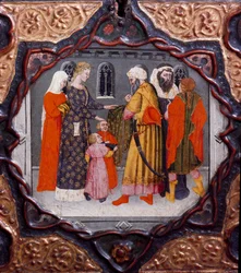 Dixième journée, neuvième nouvelle : la journée de Messer Torello et Saladin (1138-1193) (Salah al-Din Yusuf al-Ayyubi). Coffre peint illustrant le « Décaméron » de Giovanni Boccaccio (Jean Boccaccio) (1313-1375). XVe siècle. Florence, Museo Nazionale del