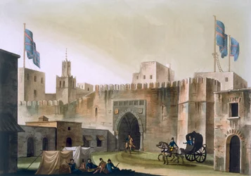 La porte Beb Kar à Tunis, avec des Européens dans une calèche, vers 1820-1830