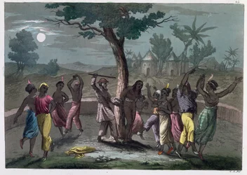 La Danse du Mombo-Jombo, selon les voyages de Mungo Park, de A History of Costume par J. Ferrario, publié à Milan vers 1820