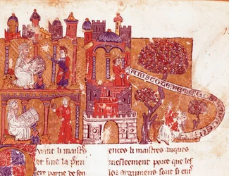 Le philosophe grec Aristote (383-322 av. J.-C.) enseigne à ses élèves la morale et le mépris des femmes (misogynie) Miniature d