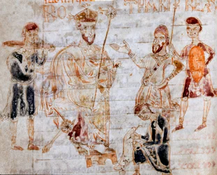 Le roi lombard Rothari (ou Rotari) (mort en 652) publie le 22/11/643 son édit à Pavie. Page du manuscrit « Codex Legum Longobardorum » décrivant les lois du royaume lombard établies par le roi Rothari