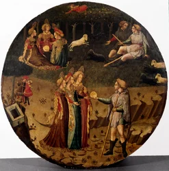 Le jugement de Pâris. Le berger Pâris doit choisir à laquelle des trois déesses, Athéna, Aphrodite ou Héra, il donnera la pomme d