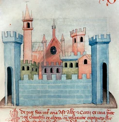 La ville de Cherasco (Querasque) dans la province de Coni en Piémont en Italie. Église et muraille et tour de fortification de la ville médiévale. Page du Codex Astensis ou Malabayla. Miniature du 13ème siècle. Asti, Archivio Storico Comunale