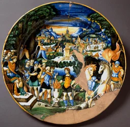 Le héros Caius Mucius Scaevola face à Porsenna, roi étrusque. Plat en céramique de l