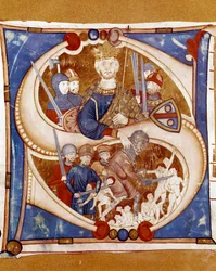 Le massacre des Innocents : le roi Hérode Ier le Grand (73-4 av. J.-C.) ordonne à un représentant le massacre des nouveau-nés de Bethléem. Lettrine enluminée d