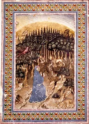 Le poète Dante se trouve dans une forêt sombre. Page enluminée du premier chant de l