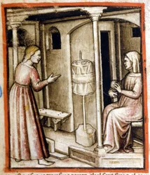 Le filage de la laine au 14ème siècle. Miniature du codex 212 (ou padovano codice ou Bible de Padoue) 1390-1400 Rovigo, Accademia dei Concordi