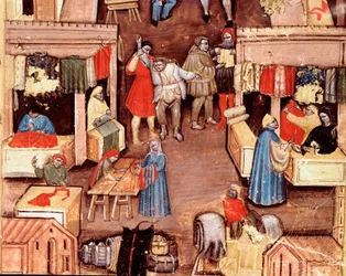 La promenade de la place Ravegnana à Bologne avec un marchand de tissus