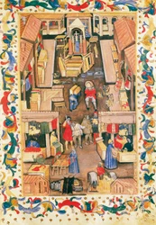 La promenade de la place Ravegnana à Bologne avec marchand de tissus