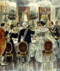 Le banquet de mariage des époux Victor-Emmanuel III (Victor-Emmanuel) (Vittorio Emanuele) et Hélène de Monténégro se tient au palais du Quirinal, à Rome. 1896.