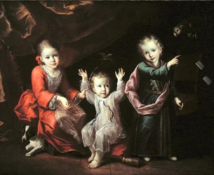 Trois enfants dans un intérieur entourés de leurs animaux de compagnie, c.1680