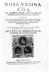 Page de titre de Rosa Ursina sive Sol par Christoph Scheiner, publiée en 1630