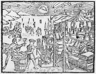 Commerce en Scandinavie, illustration de Historia de Gentibus Septentrionalibus par Olaus Magnus (1490-1558), publié à Rome, 1555