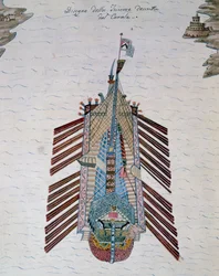 Trirème (navire à trois rangs de rames), tiré du traité sur la milice maritime, par Cristoforo Canal, Italie