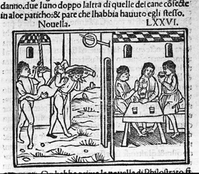 Deux hommes portant un cochon sur leurs épaules. Illustration pour la nouvelle 76 (Nouvelle 6 du huitième jour) du « Décaméron » de Giovanni Boccaccio dit Jean Boccaccio (1313-1375), écrivain italien. Gravure dans « Decamerone ouer Cento novelle » Venise, 