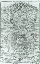 Vue du nord de la ville aztèque de Tenochtitlan, de Relatione della Citta del Temistitan par Giovanni Battista Ramusio, publié à Venise en 1606