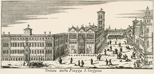 Vue de la Piazza San Crispino et de la cathédrale de Ferrare, gravure, Italie