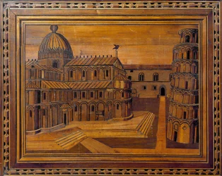 Vue de la cathédrale de Pise (Duomo di Santa Maria Assunta di Pisa) et de la tour penchée (Torre pendente) sur la place des Miracles (Piazza dei Miracoli) Marqueterie du 15ème siècle. Conservée dans le presbytère de la cathédrale, Pise