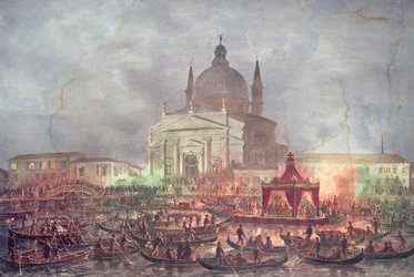Vue de la Chiesa del Redentore et des bateaux le jour du carnaval
