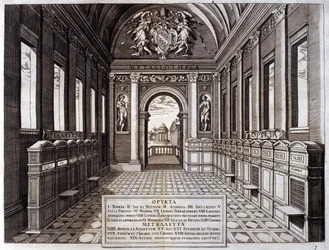 Vue du musée de Michele Mercati (1541-1595), intendant des jardins botaniques du Vatican. Gravure de « Metallotheca... » Rome 1717 - 1719
