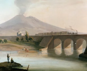 Vue de la ligne de chemin de fer entre Torre Annunziata et Nocera, dans la région de Naples, inaugurée en 1844, avec le Vésuve visible à l