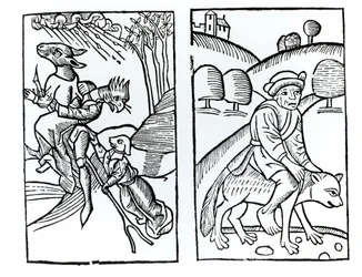 Sorcières déguisées en animaux chevauchant un balai (à gauche) et sorcier chevauchant un loup (à droite), copies d