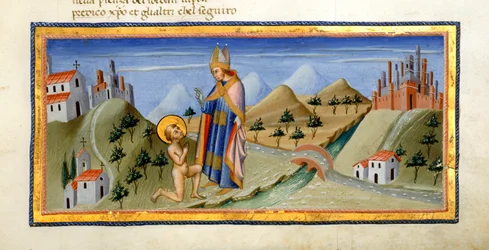 Yates Thompson 36, f.149, La figure nue de Saint François reçoit la bénédiction de l