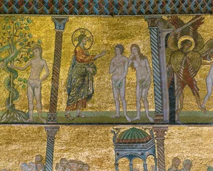 La chute. Dieu surprend Adam et Eve dans le jardin. (mosaïque)
