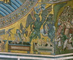 Le jugement dernier : Le diable tirant les pécheurs de leurs tombes (mosaïque)