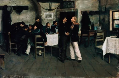 Rencontre de Giuseppe Garibaldi (1807-1882) et Giovanni Battista Cuneo (1809-1875) à Taganrog, port sur la mer Noire, en 1833, par Italo Nunes Vais (1860-1932)