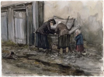 Deux femmes et un enfant cherchant leur repas dans une poubelle (de la série d