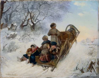 Enfants sur un traîneau tiré par des chevaux, 1870