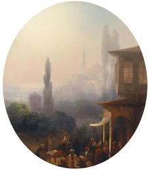 Scène de marché à Constantinople, avec la Hagia Sophia en arrière-plan