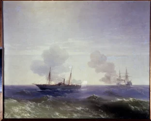 Guerre russo-turque de 1877-1878 : la bataille navale entre le croiseur russe Vesta et le cuirassé turc Fethi Bulend dans la mer Noire, le 11 juillet 1877