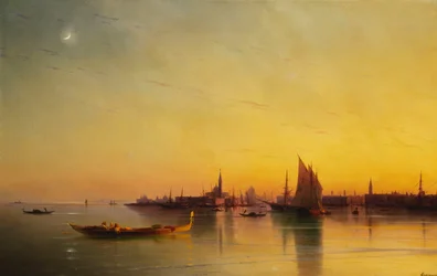 Venise depuis la lagune au coucher du soleil