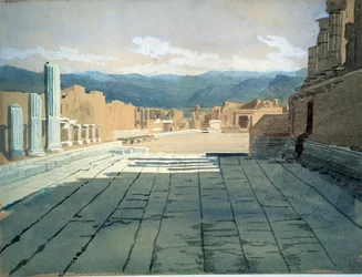 Pompei (Italie). Vues du forum des ruines romaines dans la baie de Naples, devant le mont Vésuve. Œuvre de Ivan Nikolayevich Kramskoi (1837-1887), aquarelle sur papier