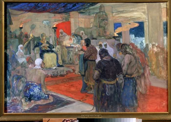 Antiquité égyptienne : "un pharaon devant sa cour", vers 1900