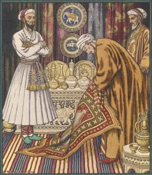 Le prince Ali achetant un tapis. Illustration pour Contes de fées arabes