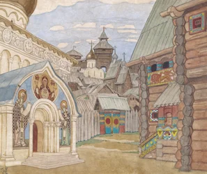 Village russe. Décor de scène pour l