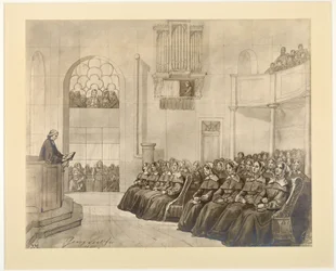 Diaconissen-Kirche, le pasteur Fliedner prêchant aux diaconesses dans la chapelle de Kaiserswerth, 1840